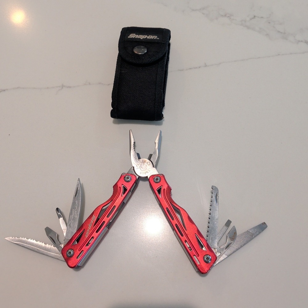 🌟Snap-on Red Stainless Steel 4" Multi-Tool Pliers, Knife, File, & Sheath, NICE!